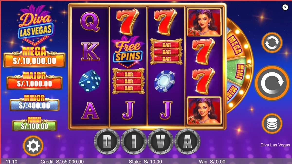 Tampilan visual slot Diva Las Vegas dengan tema panggung kasino dan lampu neon.